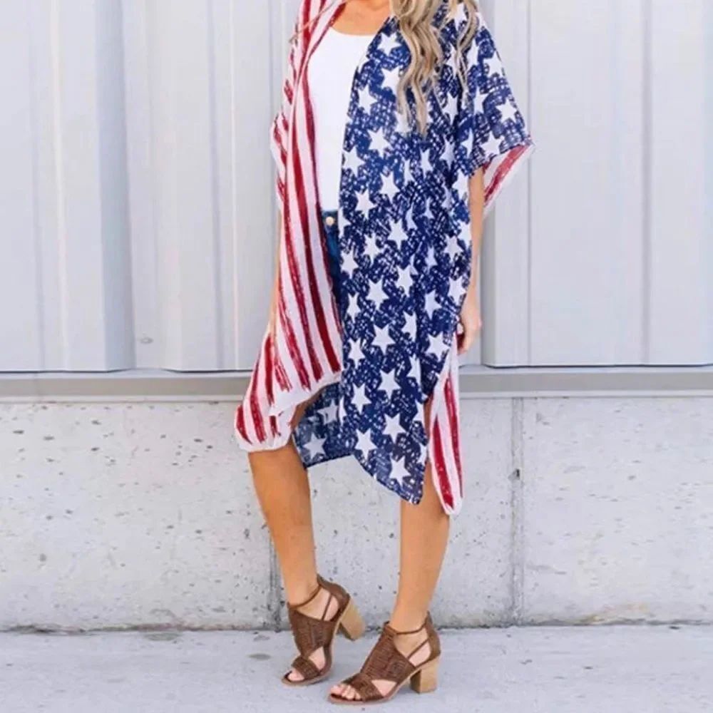 Kimono / shawl / cardigan red white & blue